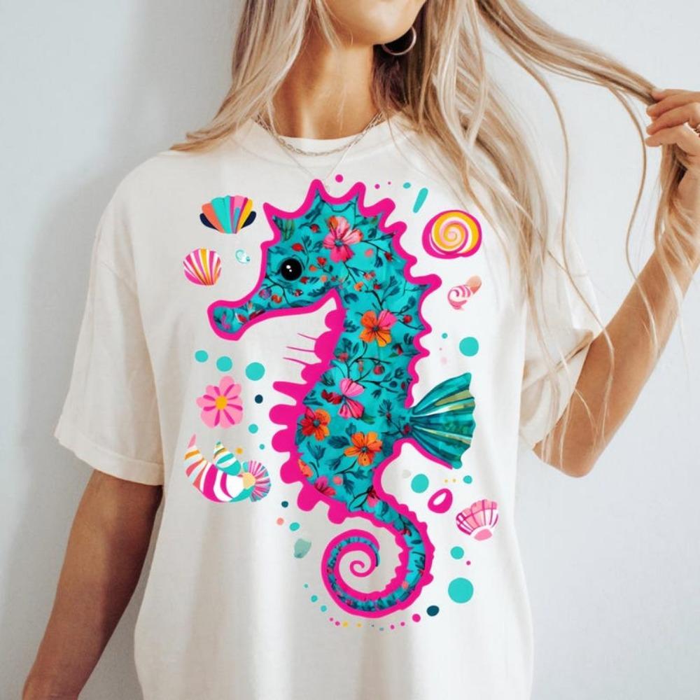 Preppy Summer Seahorse T Shirt Summer Vibes Tees Coastal Seashell Tops Retro Summer Women Tops Colorful seahorse t shirt