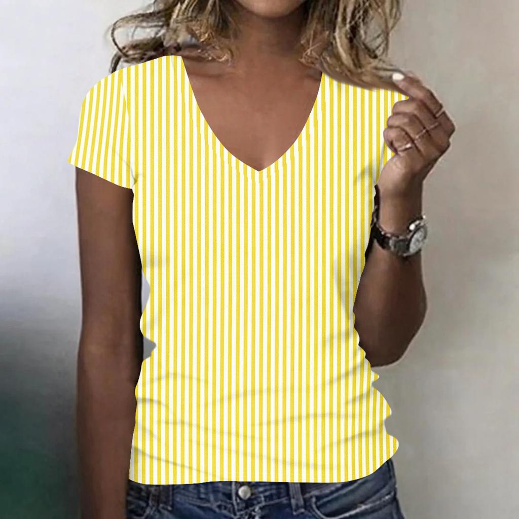 Women's Fashionable Casual V-neck Short-sleeved Striped Print Slim-fit Lightweight T-shirt Top