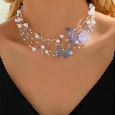 European & American Light Luxury Multi-Layer Pearl Necklace - Women's Fashion Design Butterfly Clavicle Chain Choker