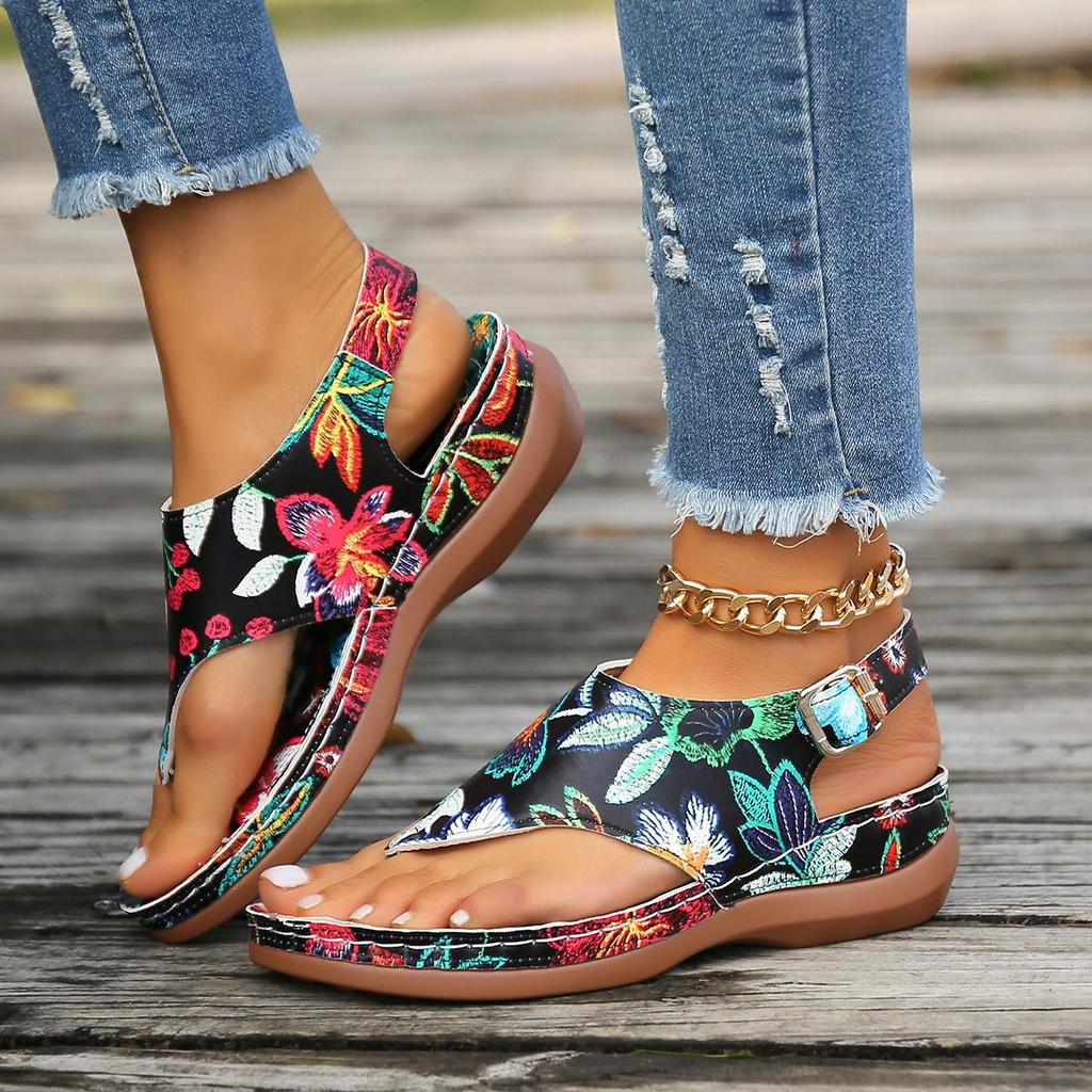 2024 Ethnic Style Plus Size Embroidered Floral Wedge Sandals with Back Strap for Women