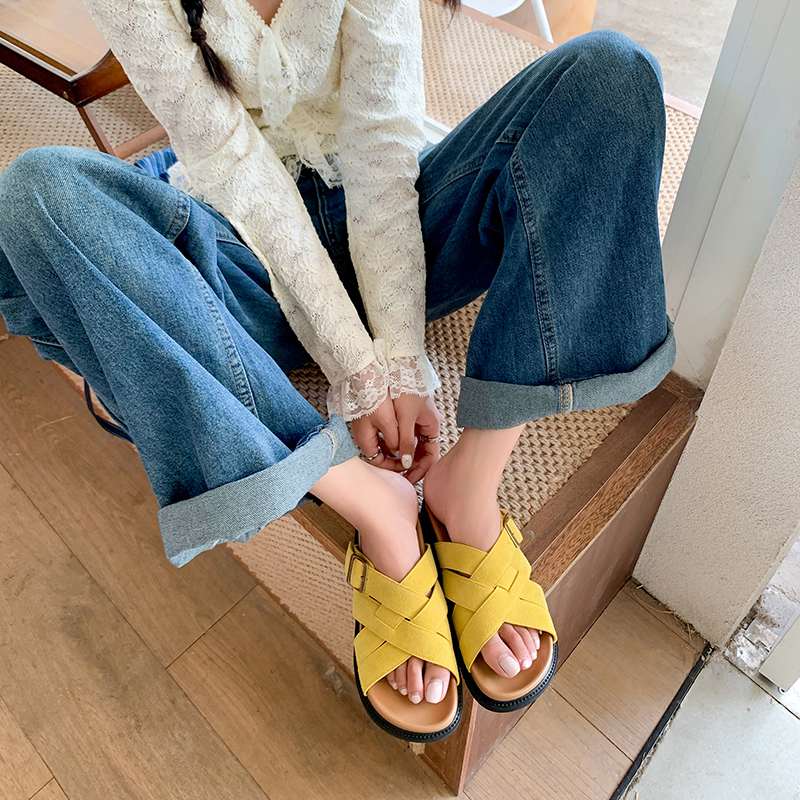 Krazing Pot Cow Suede Nubuck Summer Size 40 Outside Slippers Flat Platform Flip Flops Low Heels Women Peep Toe Sandals