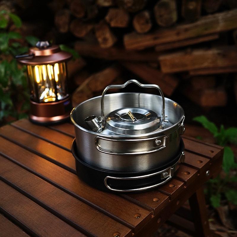 Kettle Ultra-light Stainless Steel Camping Cookware Utensils With Storage Bag Outdoor Tableware with Lightweight Handle