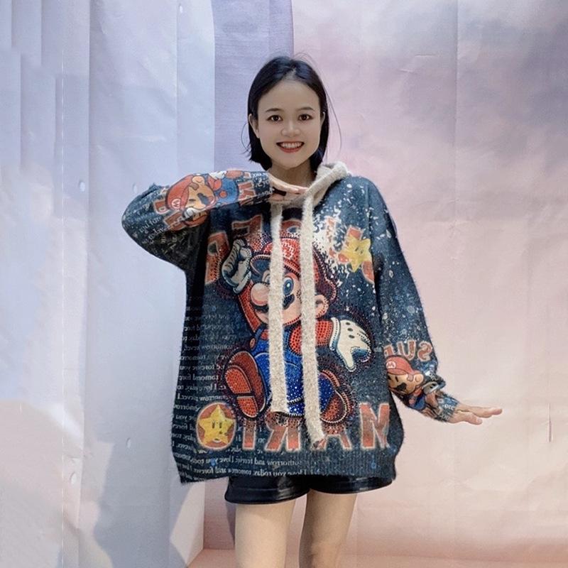 Women's Cartoon Hooded Sweater - Autumn/Winter 2025 Loose Knit Outerwear