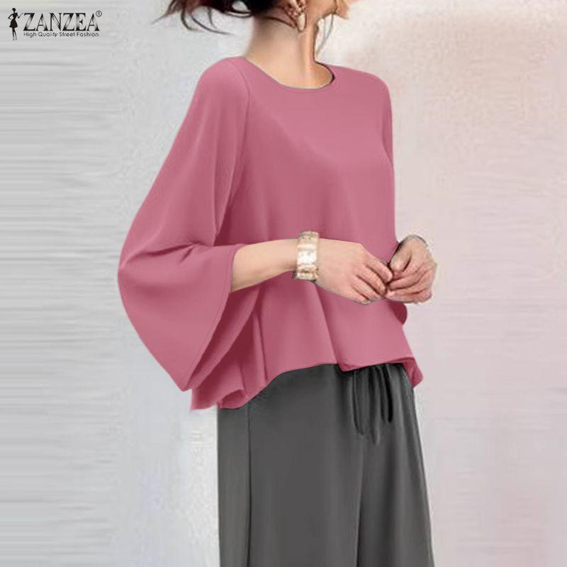 ZANZEA Women Casual Round Neck Solid Color 3/4 Sleeve Loose Blouse