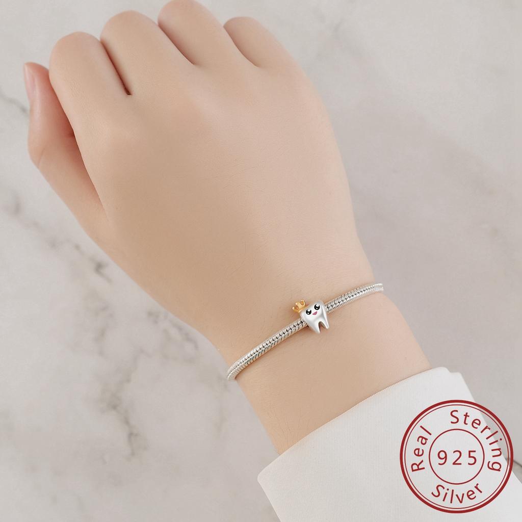100% Real Copper Crown Cute Tooth Prince Beads Charms Jewelry Fit Original Bracelet For Women Diy Gift
