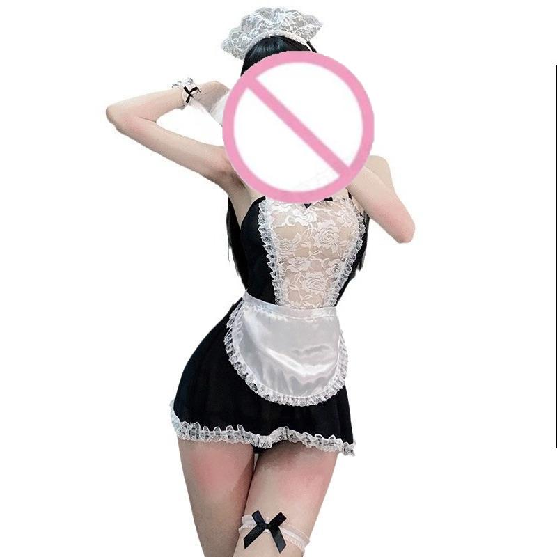 Sexy Crotchless Lingerie Women Cosplay Lolita Uniform French Apron T Panties Maid Dress Erotic Underwear Role Play Costumes Sets