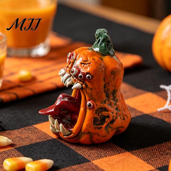 Halloween Pumpkin Decorations Evil Figurine, Ornament with Multi Eyes and Creepy Figurines Fangs, Demon Resin Statue for Party Decoration Shape