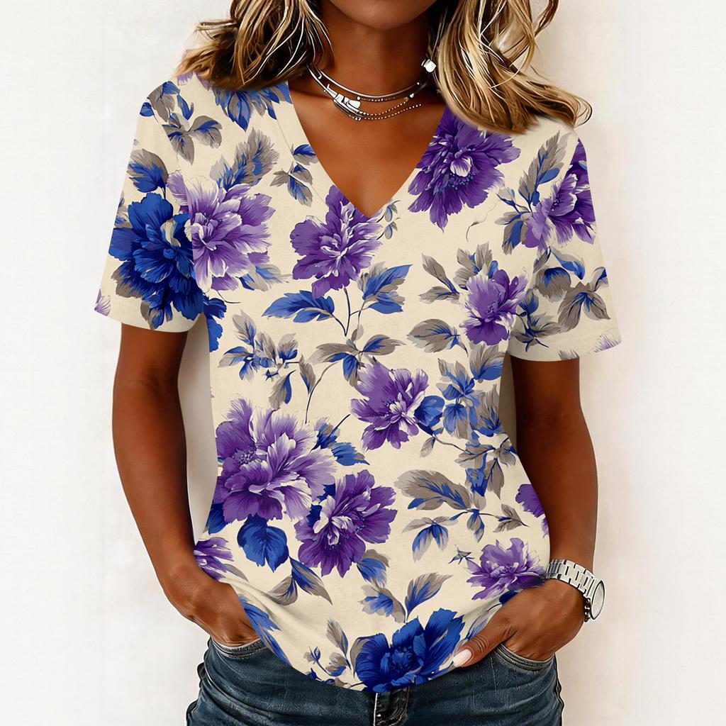 Women's fashionable casual short-sleeved floral print V-neck pullover top