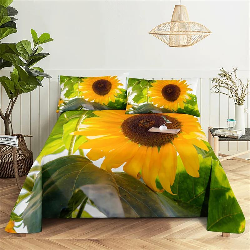 Sunflower Bed Sheet Sets Bouble Single Beds Flower Bedsheet with Pillow Case Full Queen Size 2pcs 3pcs 3D Soft Thin Fabric Home