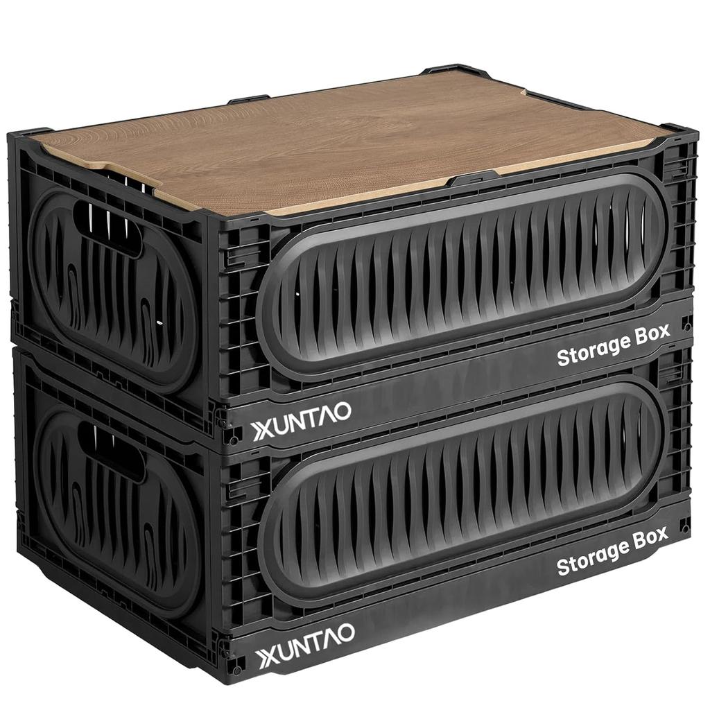 X XUNTAO Storage Box Folding Container Wooden Lid Case Basket Black Large Size 2 Pieces W60D40H23cm