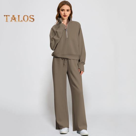 2 ks/sada dámských topů a kalhot, sada s poloviční zipem, odkládacím límcem, dlouhým rukávem, mikinou s elastickým pasem a širokými nohavicemi, sportovním oblečením, podzimním oblečením a volnočasovými aktivitami