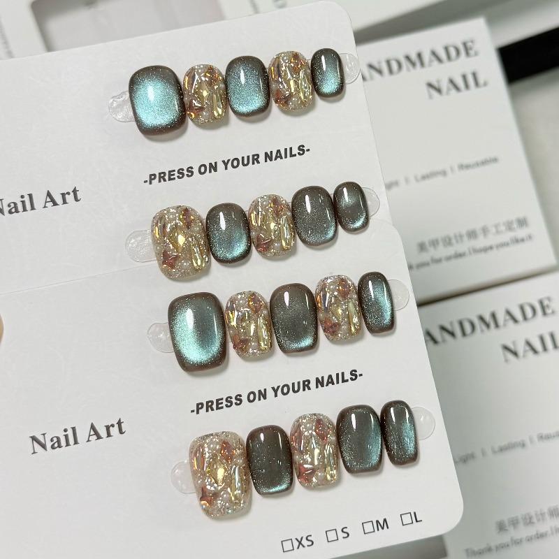 New 10Pcs Handmade Press on Nails Short Cat's Eye Pattern with Diamonds Removable Wearable False Nail for Women&Girls