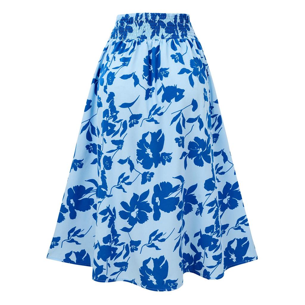 Women Spring Floral Print Skirt Summer Casual A-Line High Waist Middle Long Split Skirts S-XL