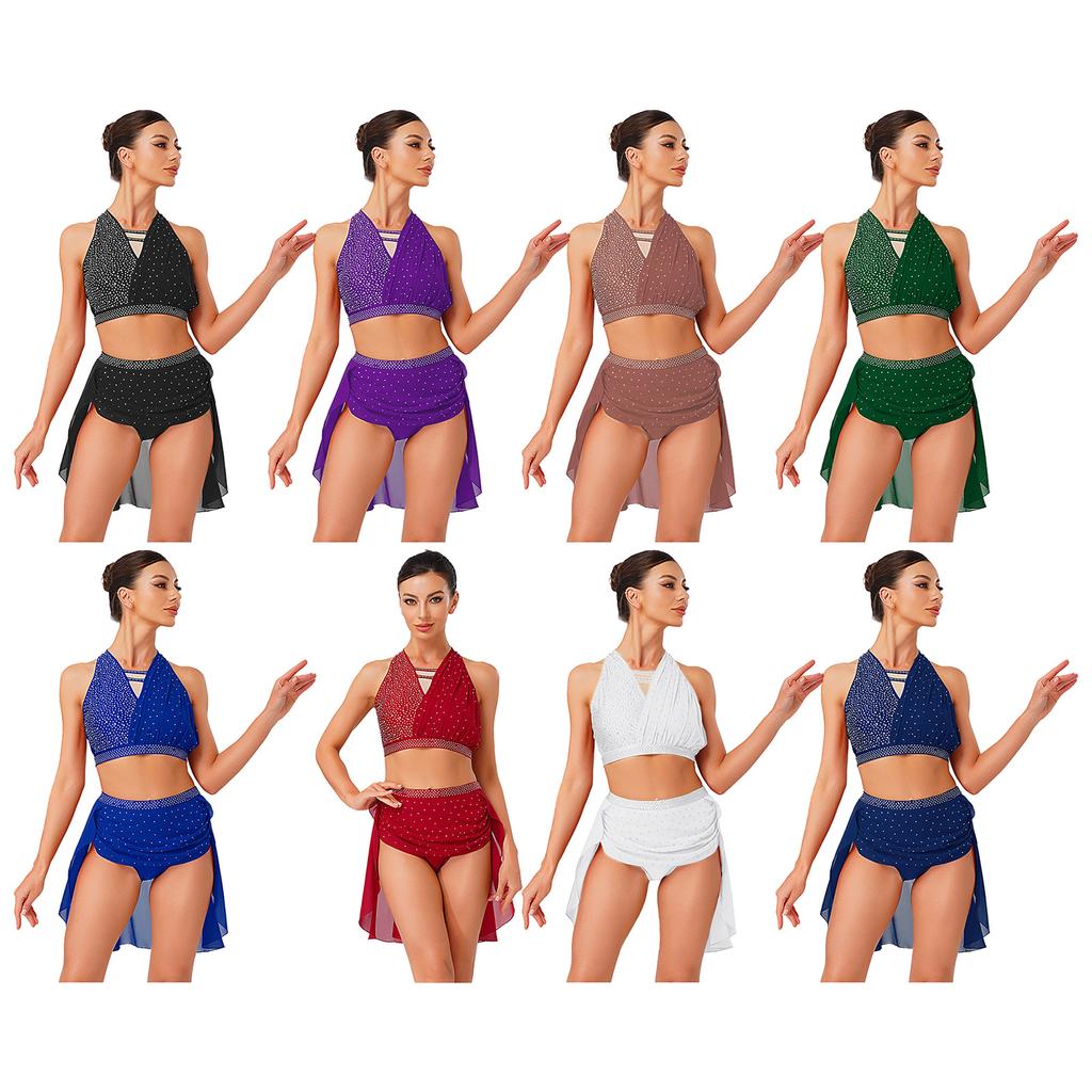 Damen Lyrical Dance Outfit Ärmellos Neckholder Raffung Crop Top Eingearbeiteter Slip Rock Glitzernder Strass Tanzkostüm