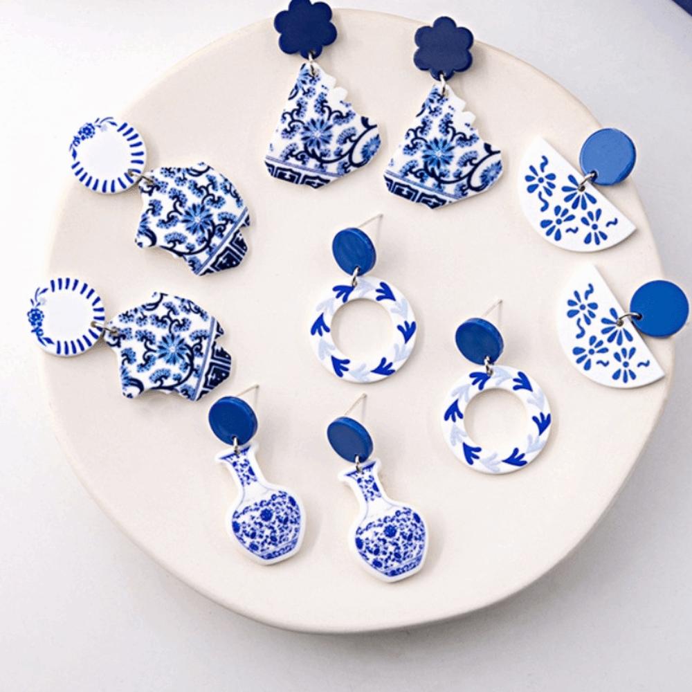 Wave Point Chinoiserie Acrylic Blue Earrings Chinese Style Hanfu Earrings Cheongsam Ear Stud Women