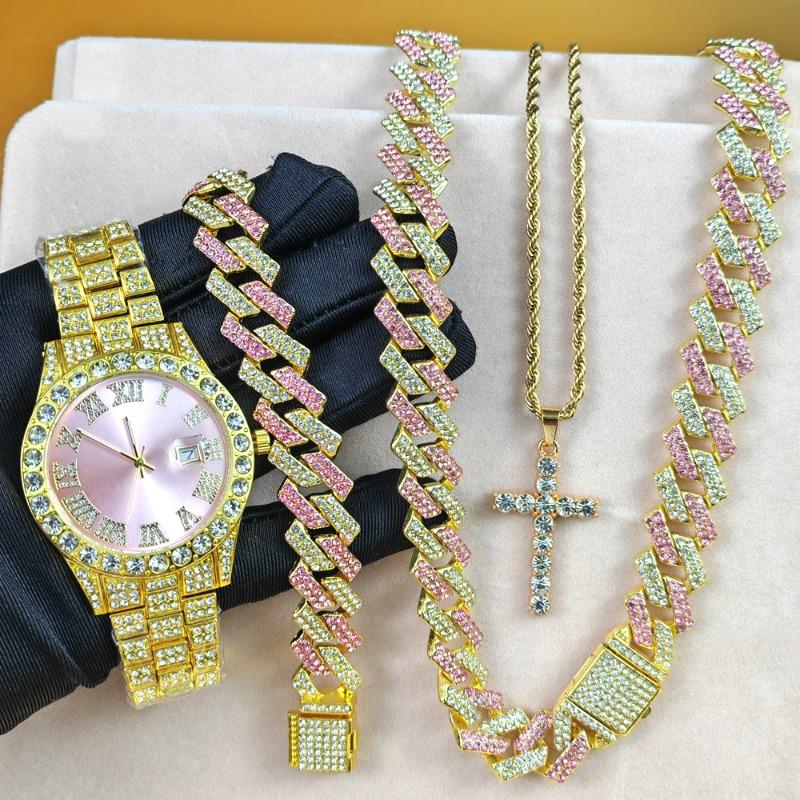 

Versatile Watch Bracelet Cross Necklace Set Rhombus Cuban Chain Necklace Bracelet Men s Watch Set