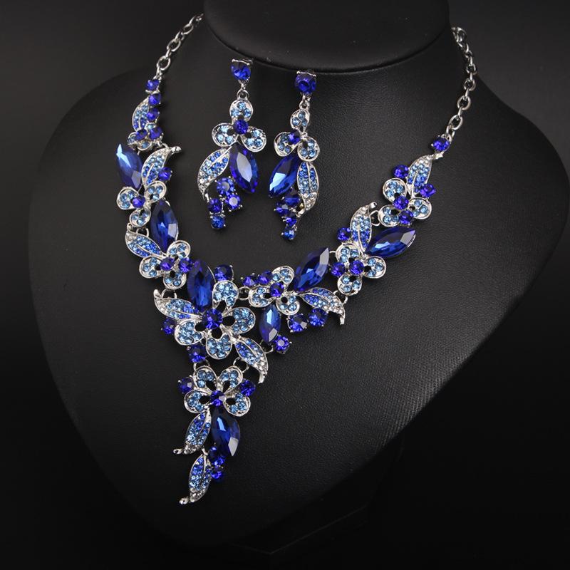 Crystal Diamond Flower Clavicle Short Necklace Set, Dress Banquet Bridal Accessories