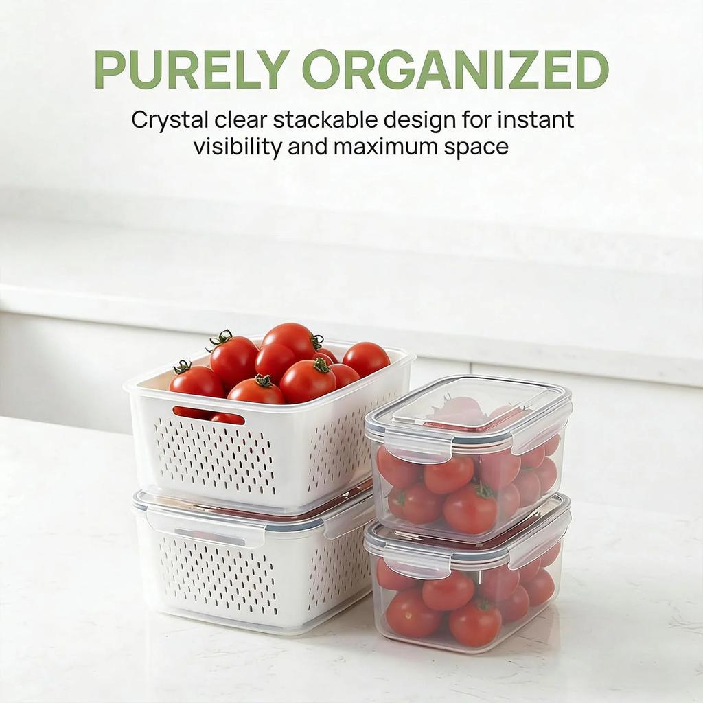 Fruit Storage, 4 in 1 Food Storage Container, Storage Container with Lid, Plastic Fruit Containers with Removable Colander