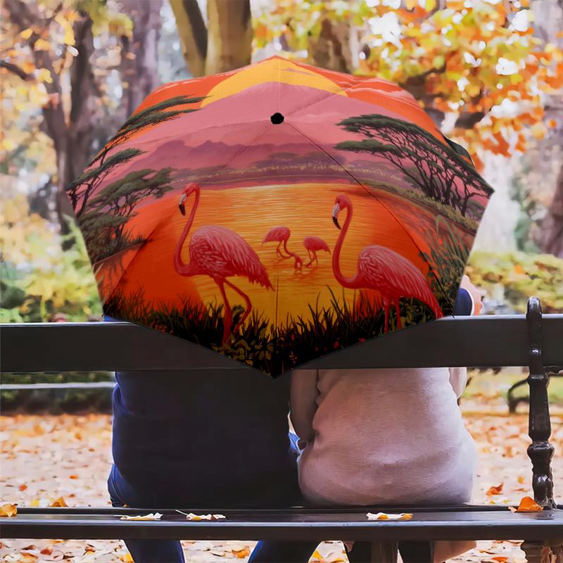 Animals and Sunset Pattern, Automatic Folding Umbrella, Portable and Foldable Design, 8 Ribs, a Christmas or Birthday Gift.