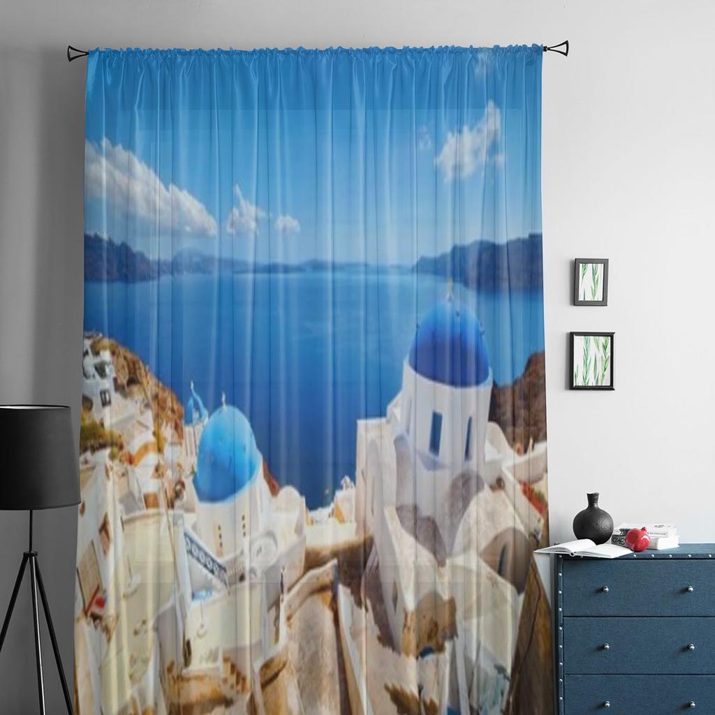 Oia Stadt auf Santorini Insel Transparenter Vorhang für Wohnzimmer Schlafzimmer Voile Vorhänge für Fenster Organza Vorhänge Party Tüll Vorhänge