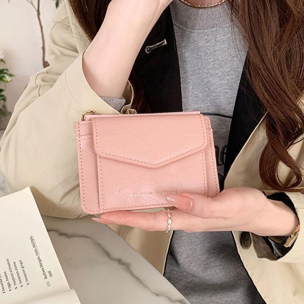 

Korean Style PU Zipper Wallet Candy Color Card Holder Simple Women s Short Purse Lady рожевий