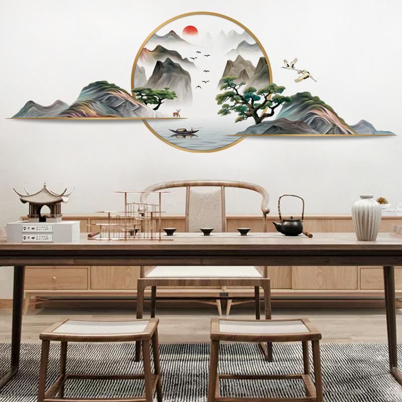 Chinese Style Landscape Wall Sticker Green Mountains Pine Tree Mural for Living Room Tea Room Oriental Home Decor Classical Elegant Wall Art