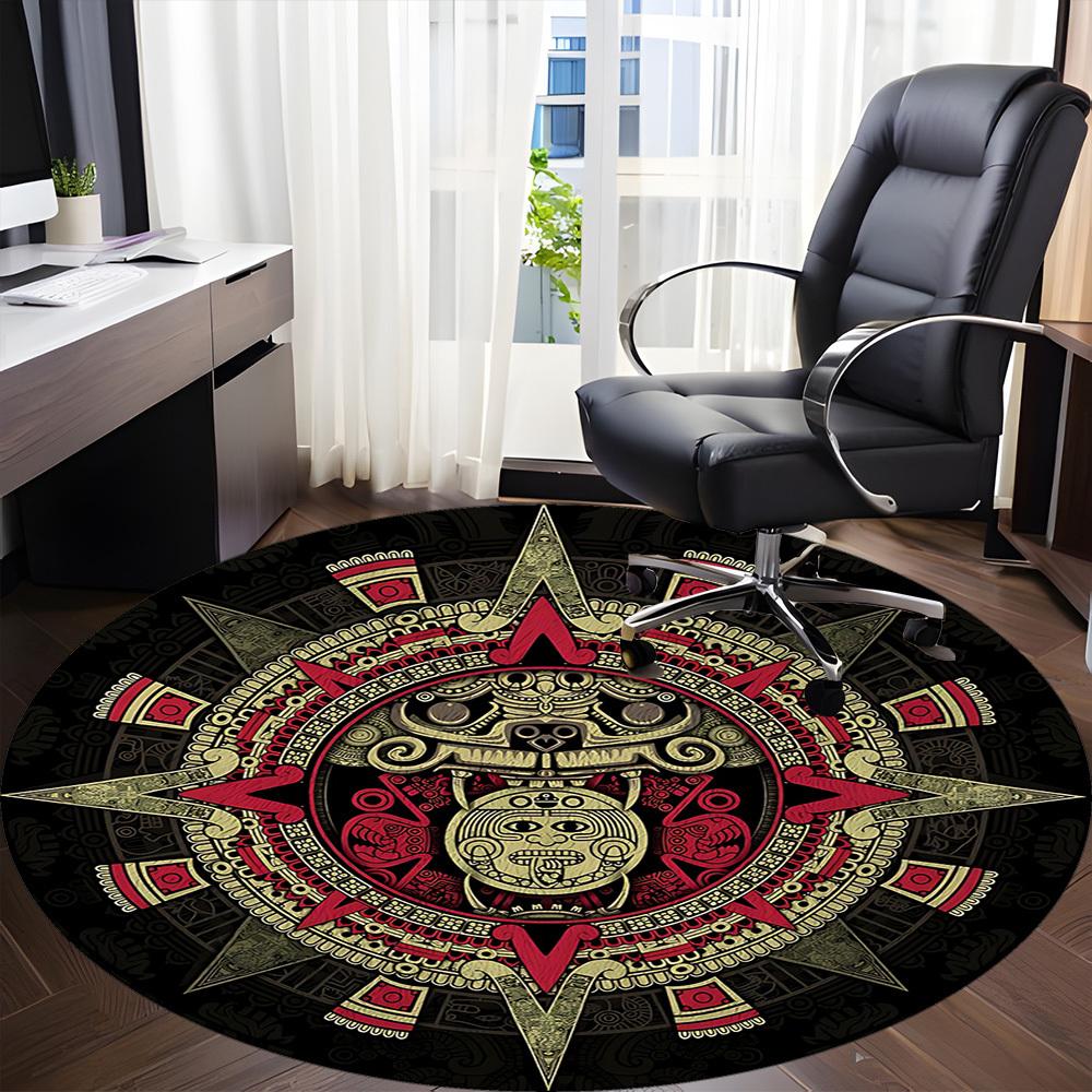 1PC Mayan Calendar Aztec Sun Office Round Area Rug, Mat Suitable For Office, Under Office Chairs Bedroom Living Room Home Decor, Room Deco