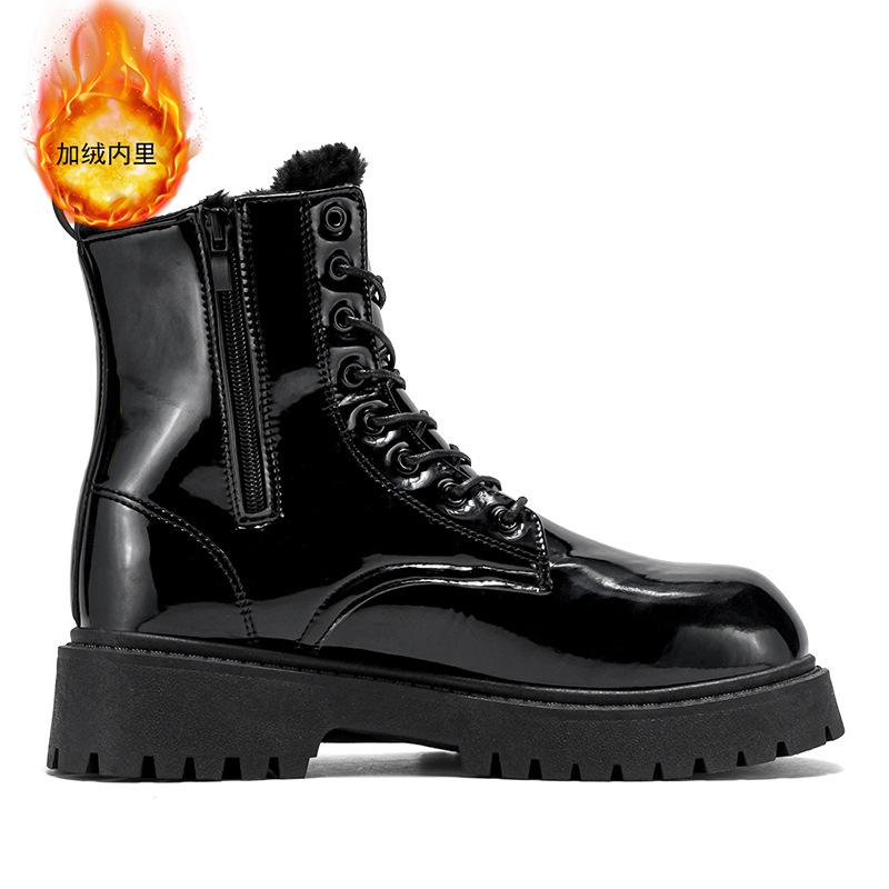 Glossy Martin Boots Men's High-top Zipper Locomotive Boots Velvet Cotton Autumn and Winter Men's Boots Thick-soled Heightening Tooling Leather Boots