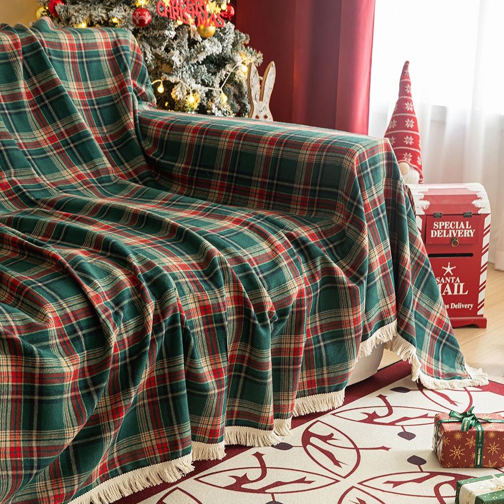 Christmas Slipcover Red Green Plaid Sofa Cover Non Slip Full Cover Fringe Retro Holiday Decor