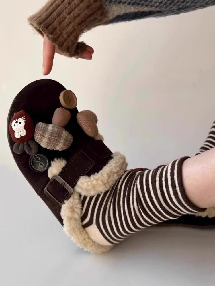 Cute bear shoes, snow boots, thick-soled plush shoes, and half slippers outside cotton shoes in winter