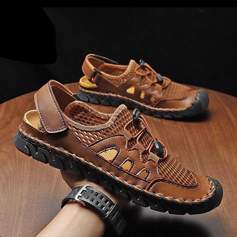 Summer new hand-sewn large-size casual cool leather shoes men's outdoor mesh hollow beach shoes