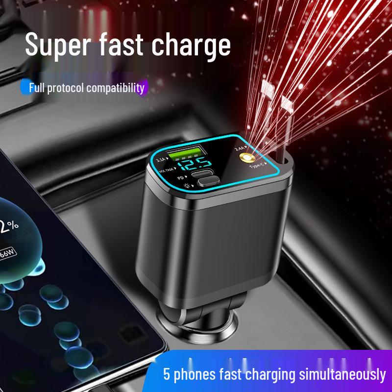 Five-in-One Car Charger with Digital Display and Retractable Cable, PD Fast Charging, and Cigarette Lighter Adapter