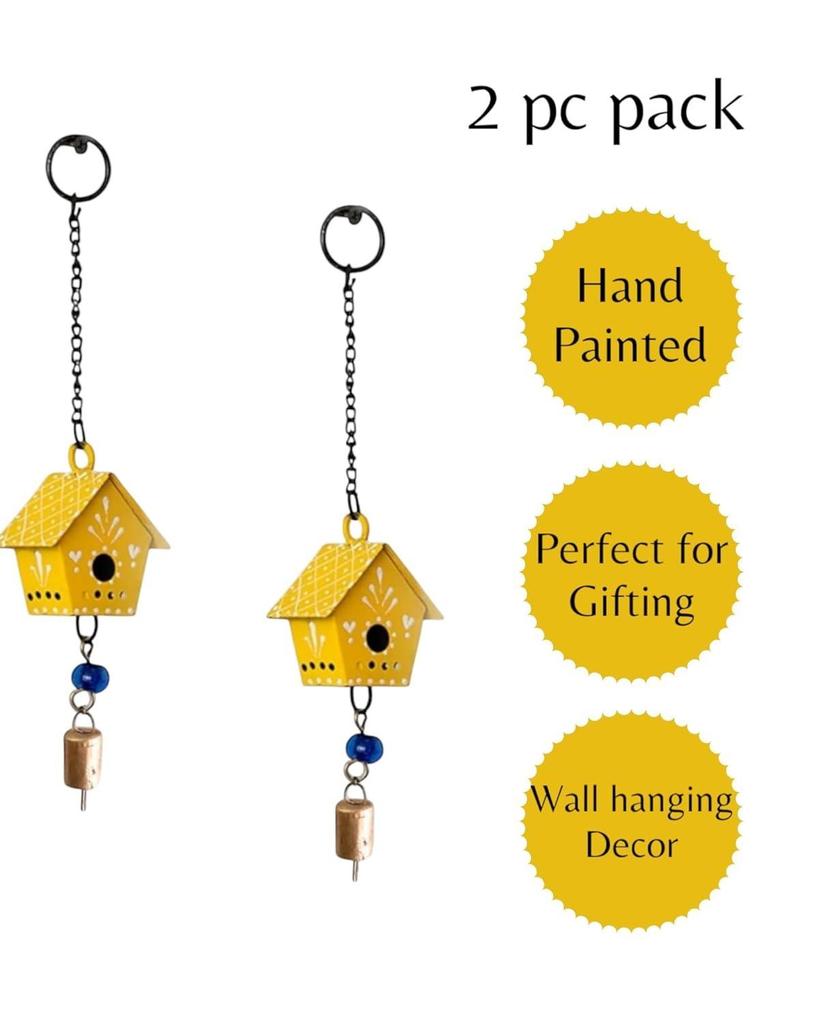 2 Pc Hut Wall Hanging Decor | Garden Tree Hanging Bells Decoration | Handpainted Hanging Ornaments for Home Living Room