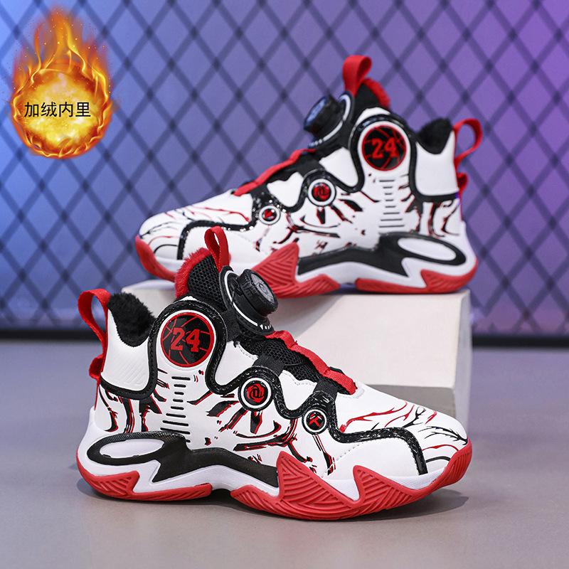 Children's basketball shoes winter new velvet large cotton thermal sneakers medium and older children's button leather sneakers running shoes