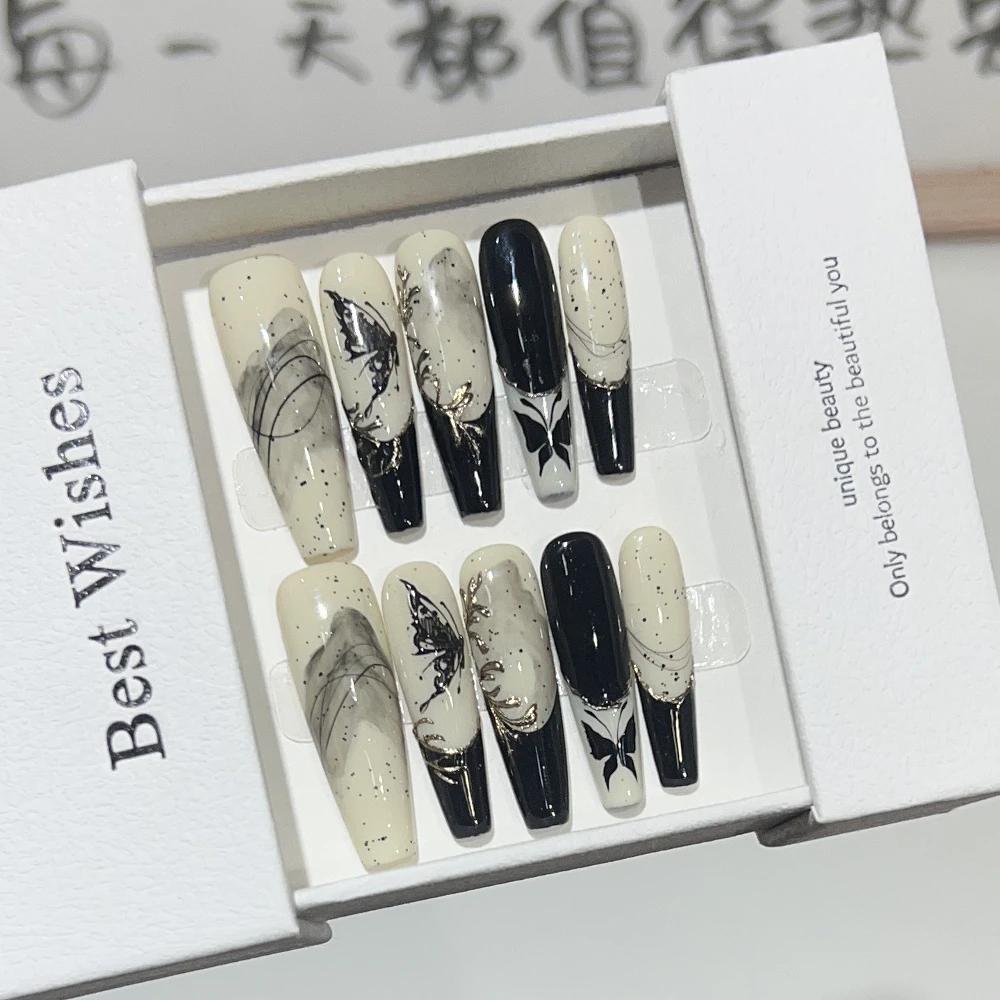 10Pcs Handmade Cat Eye Gradient Long Coffin Stiletto Press On Nails With Glitter Diamond Pearl Flower Bowknot Decorations