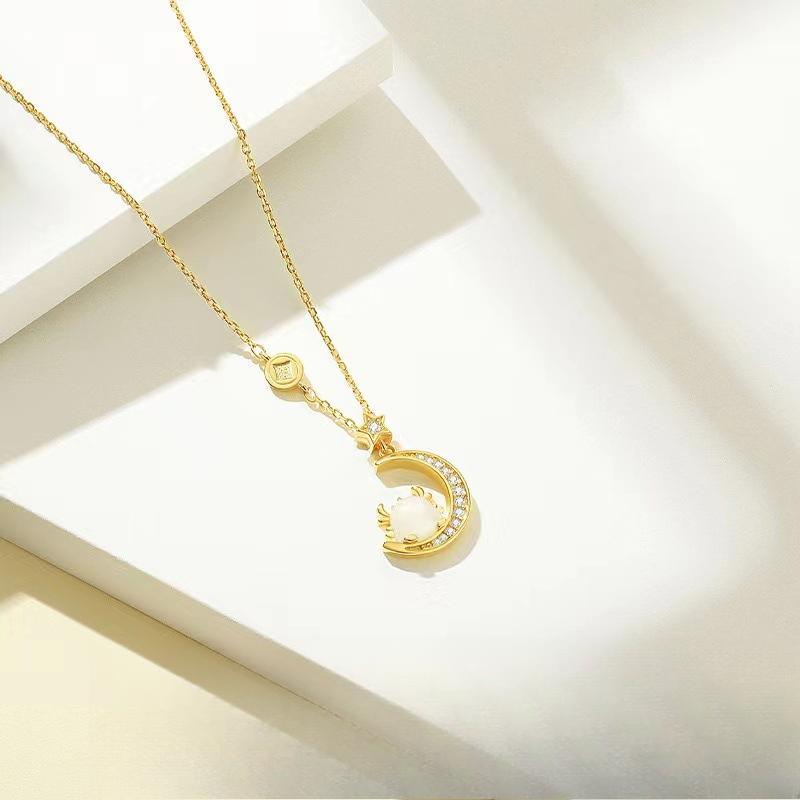 New Star Moon Dragon Necklace for Women Natural Hetian Jade Pendant Collarbone Chain