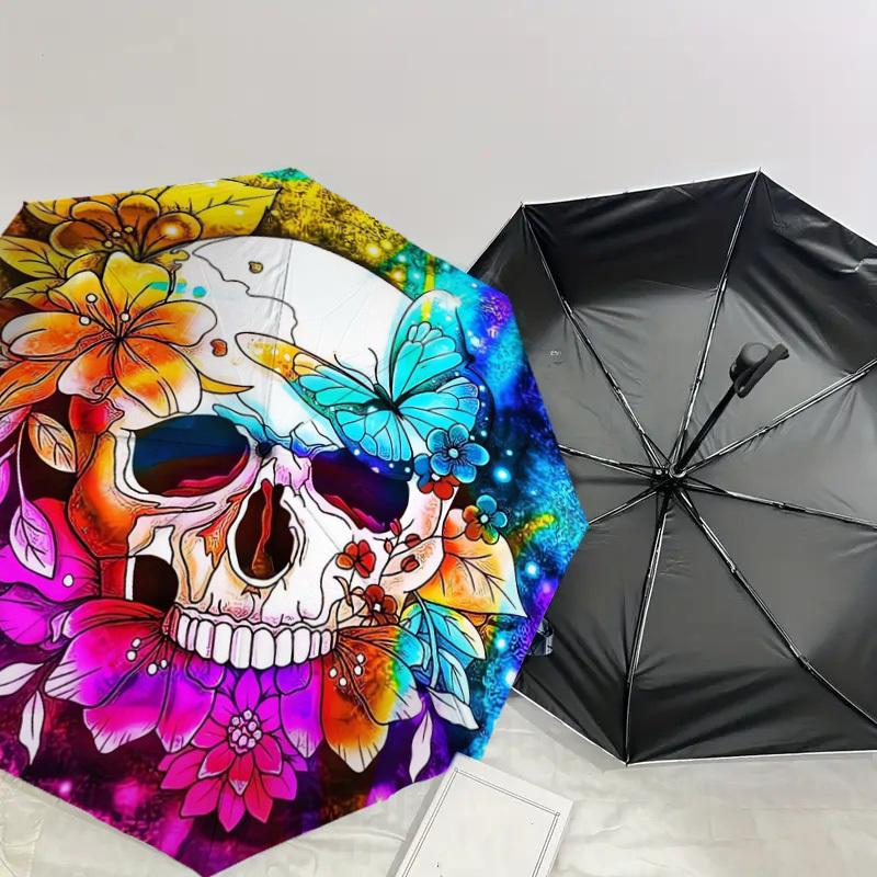 1pc Colorful Skull Flowers Butterfly Artwork Umbrella with Plastic Handle,Suitable for All Seasons Home Travel Outdoor UmbrellaDD1757