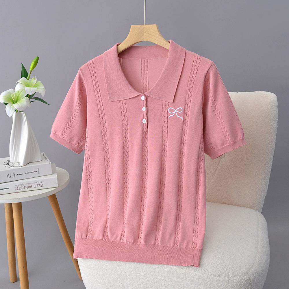 

Women s T-shirt Short-sleeved Butterfly Embroidered Summer Jacquard Sweater Ice Silk Shirt Lapel Top M розовый