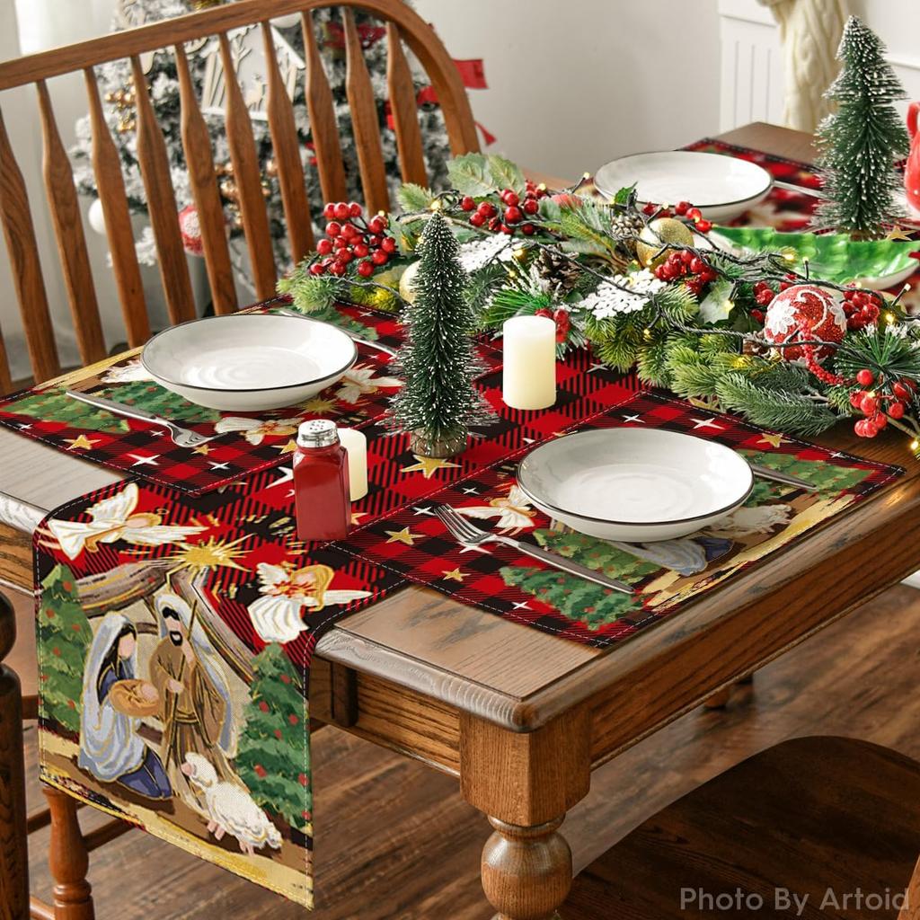 4/6pcs Buffalo Plaid Shepherd Nativity Print Single-Sided Christmas Placemat Set for Holiday Table Decor