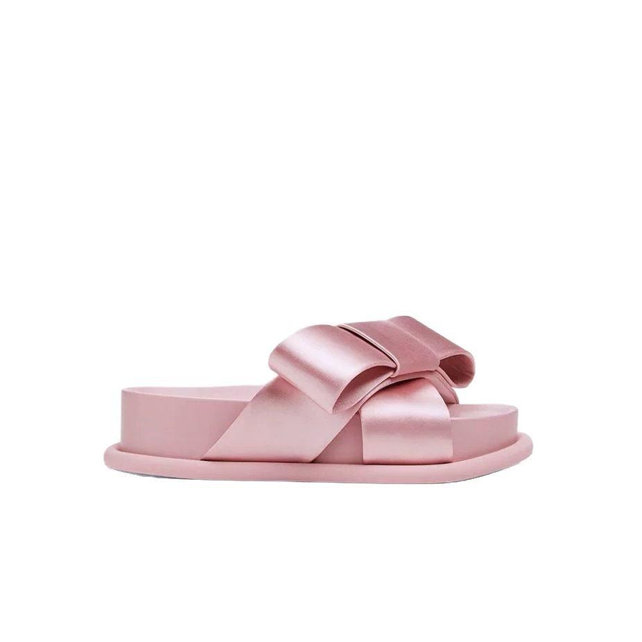 Fashion Women's Slippers 2025 Summer New Round Headed One-piece Slippers Womens Genuine Leather French Large Bow Thick Soled Women Shoes