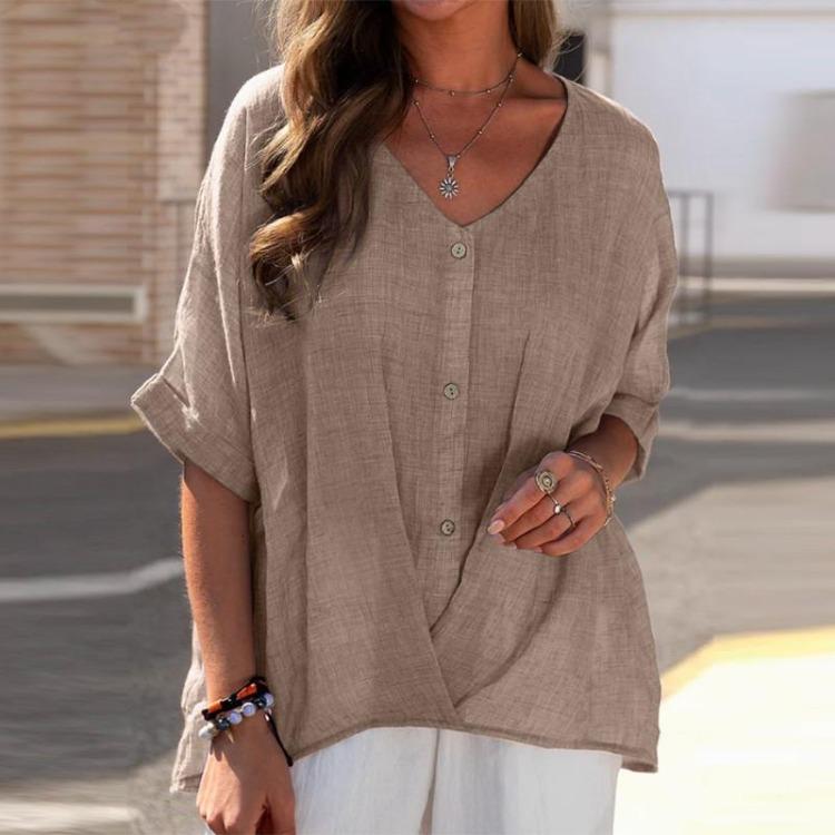 Women's Casual Loose Fit Short Sleeve V Collar Cotton Linen Shirt Top