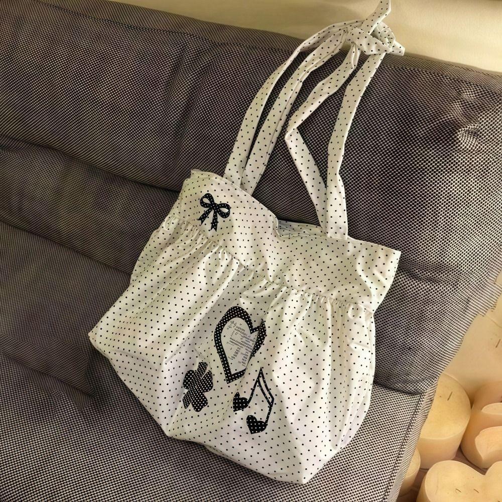 Fashion Canvas Shoulder Bag Polka Dot Print Large Capacity Lady Handbags Lightweight Solid Color Crossbody Bag Women