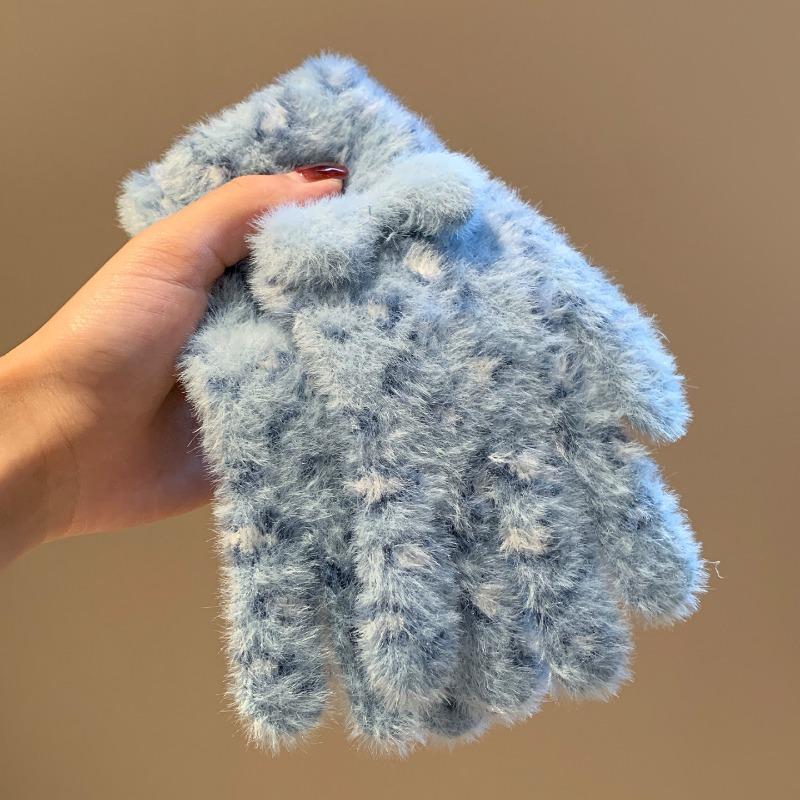 Warm wool gloves Female winter rabbit plush full finger cute riding leopard print elastic finger cold and windproof