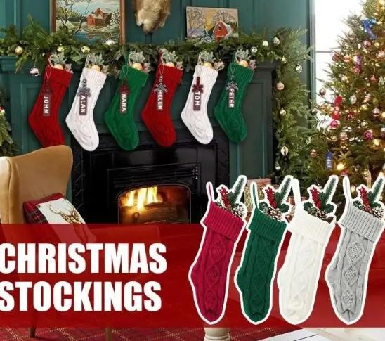Wine Red Knitted Christmas Stocking with and Hanging Ornament for Decor