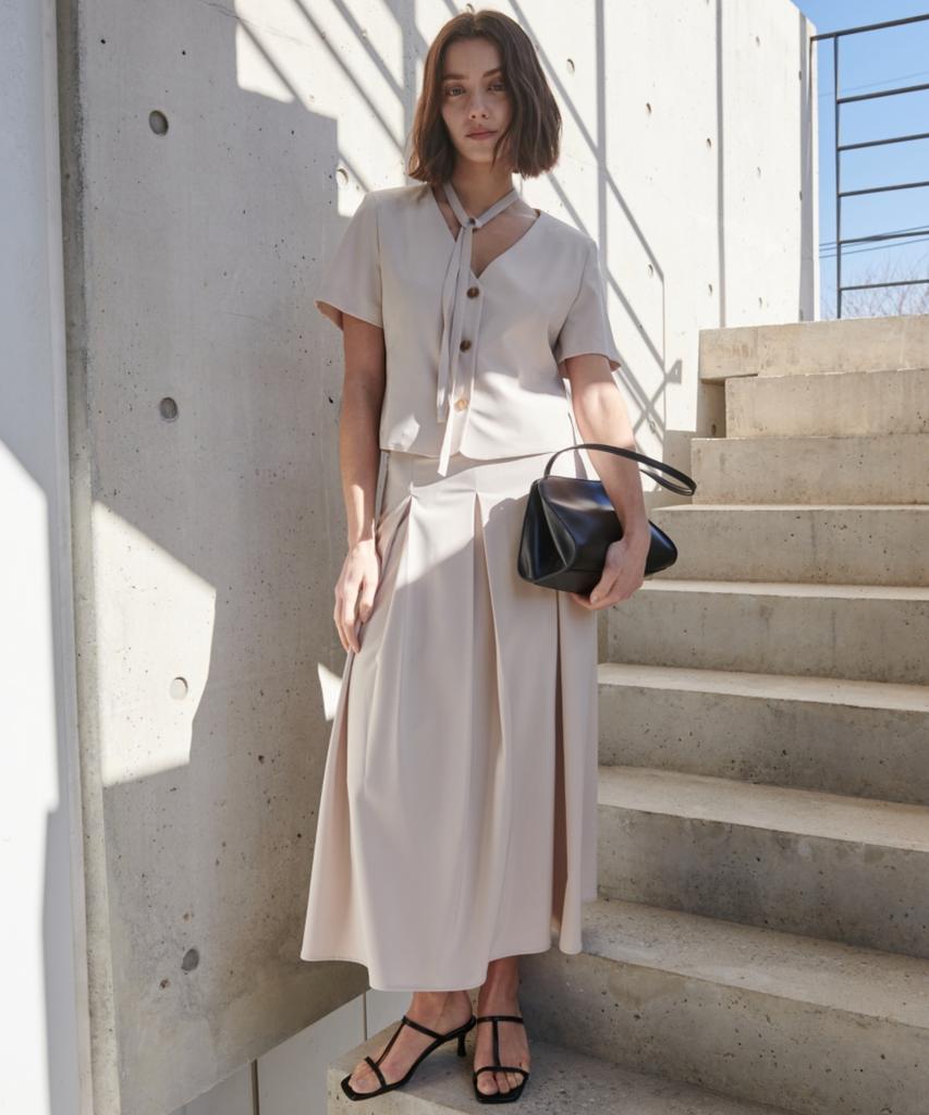 Owaiwai Belle Pleated Skirt_Beige