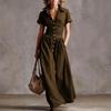 Damen Maxikleid mit kurzen Ärmeln, Knopfleiste und Kragen im Vintage Western Stil mit Brusttasche für Freizeitkleidung
