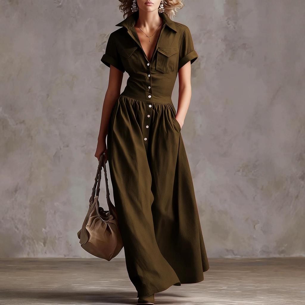 Damen Maxikleid mit kurzen Ärmeln, Knopfleiste und Kragen im Vintage Western Stil mit Brusttasche für Freizeitkleidung