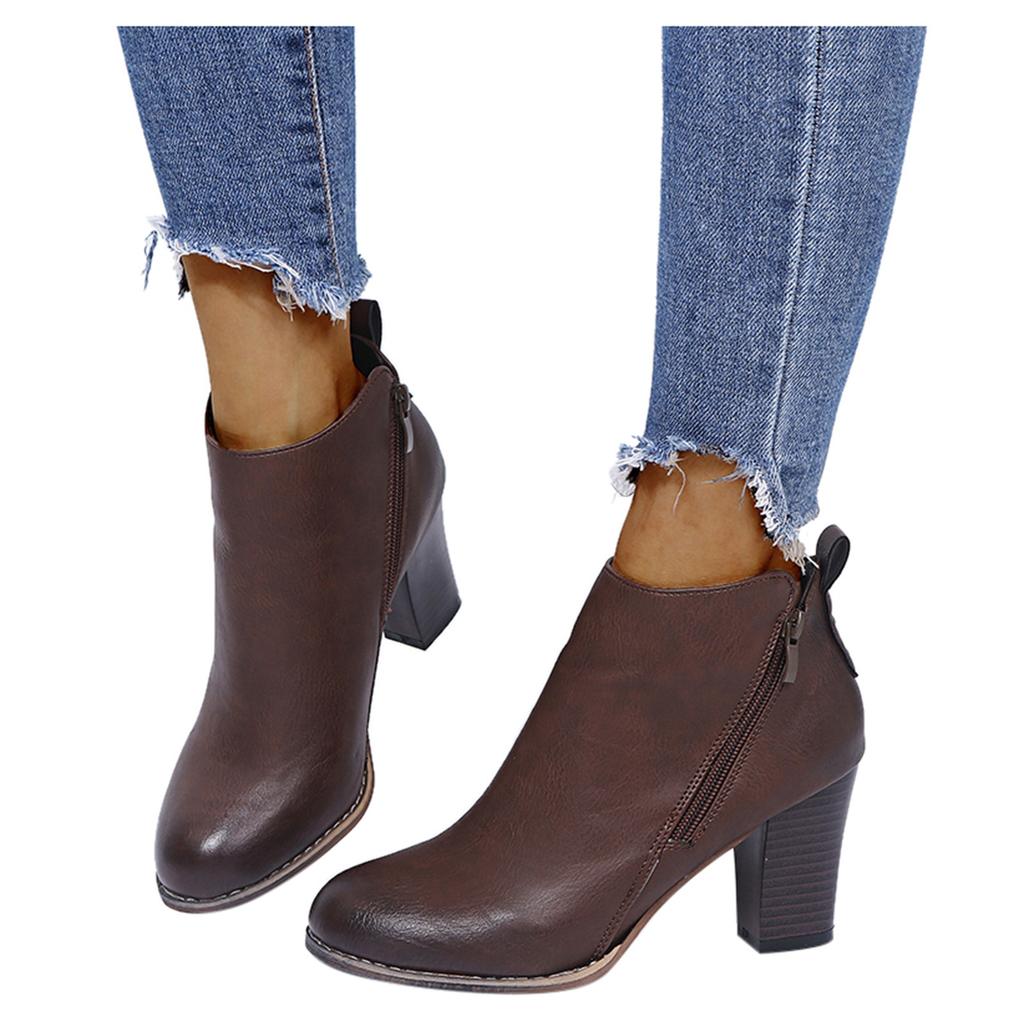 Retro Women Leather Square Heel Zipper Solid Color Short Booties Round Toe Shoes