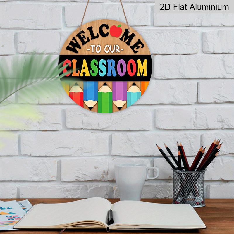 2D Flat, 1pc Welcome To Our Classroom Aluminum Hanging Sign, Colorful Pencil Apple Print, Indoor Wall Hanging Decor, Back to School Decor Suitable