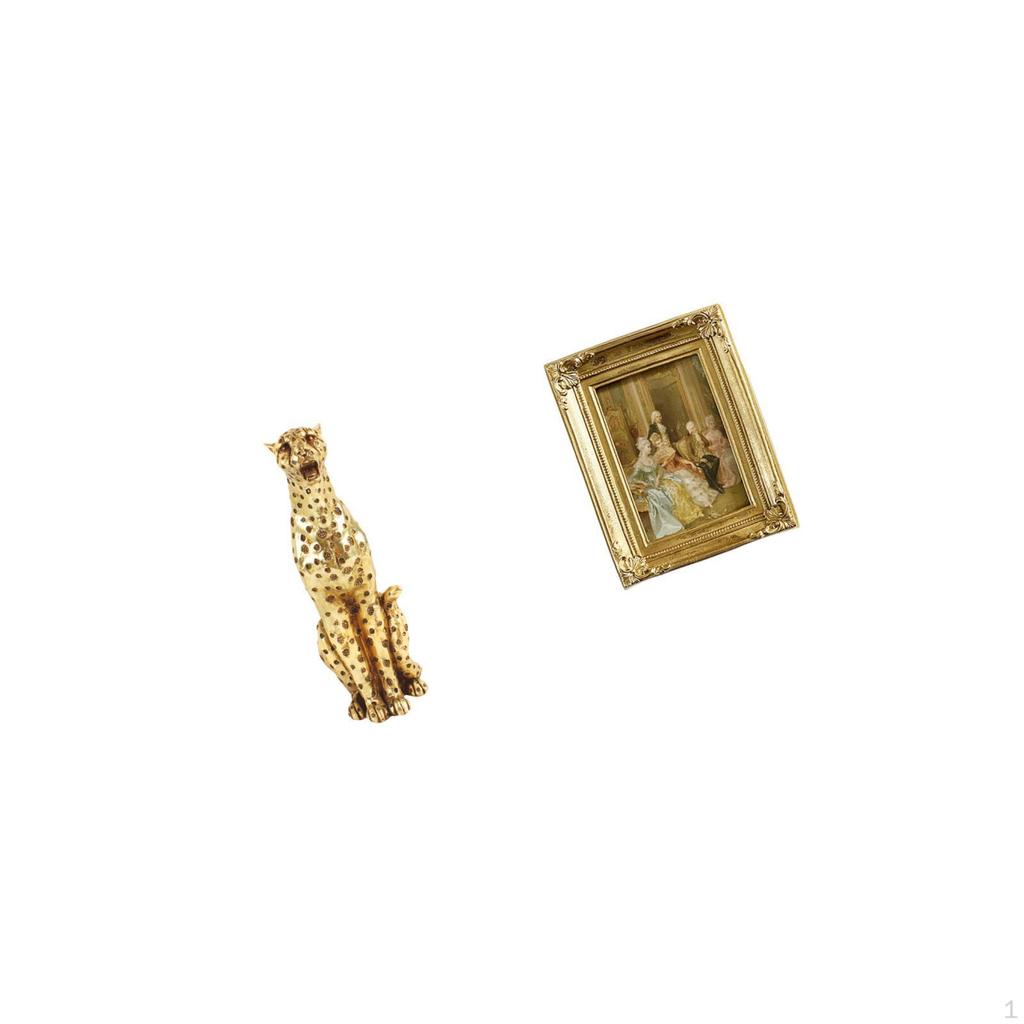 Golden Resin Cheetah Sculpture Tabletop Ornament Decorative Animal Figurine with Glass Photo Frame